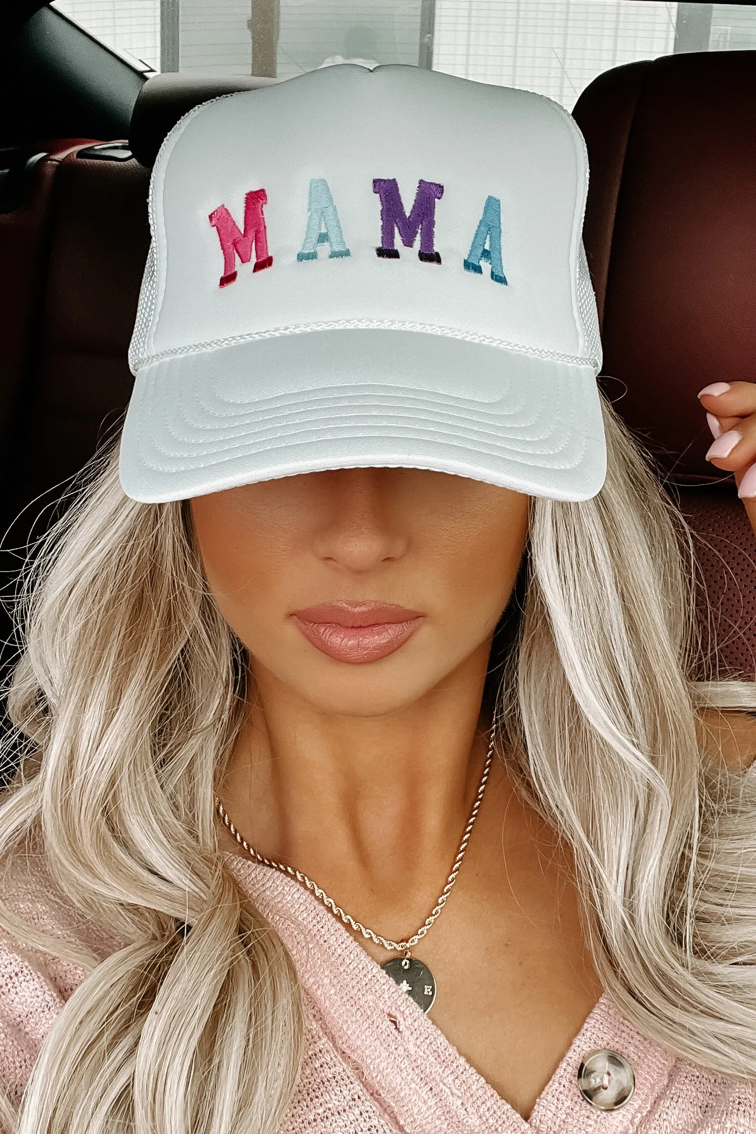 "Mama" Embroidered Foam Trucker Cap (White)