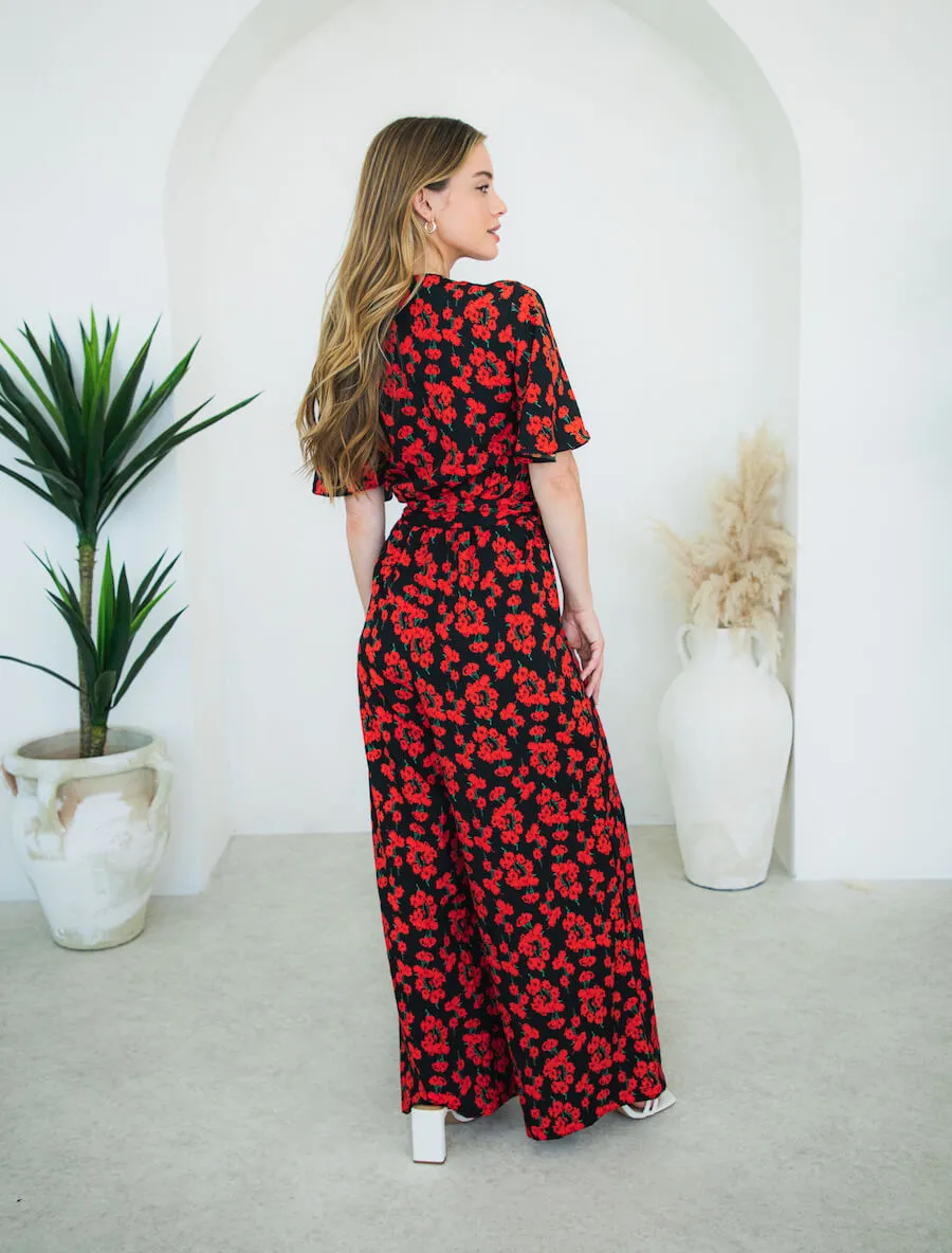 Red Floral Flutter Sleeve Jumpsuit