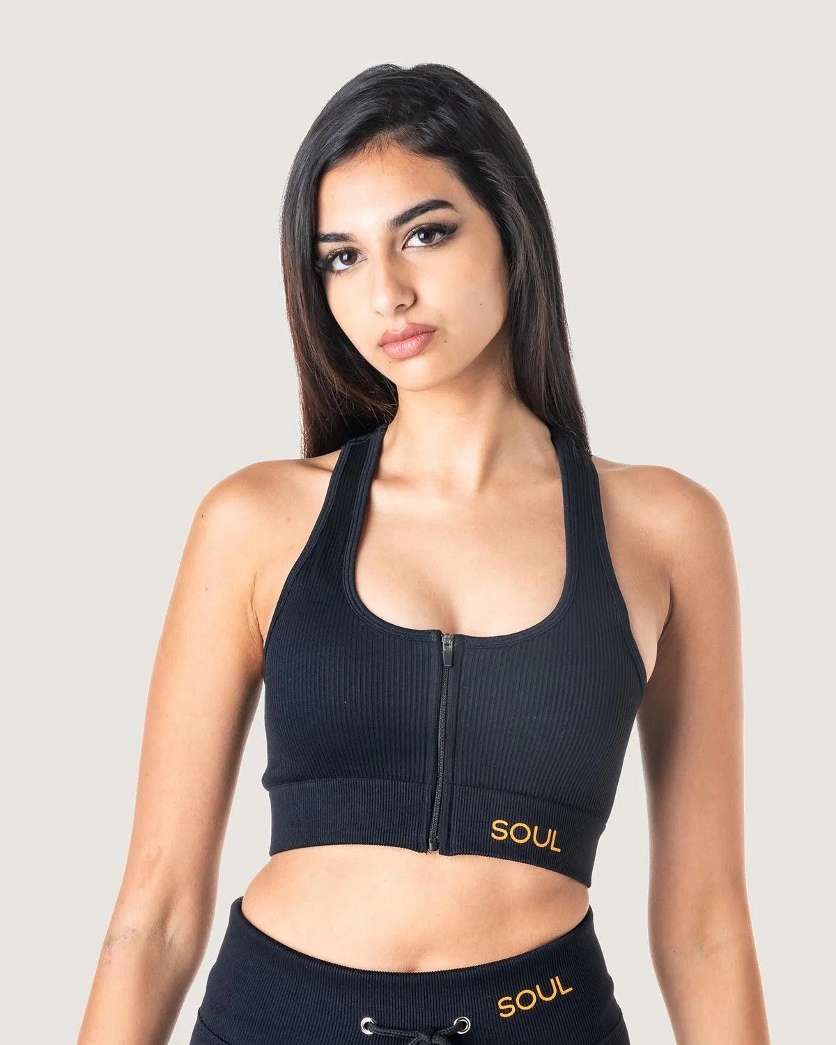 RIBBED STATEMENT RACER BACK BRA - BLACK