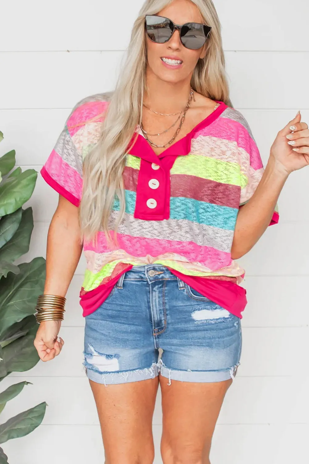 Rose Stripe Colorblock Plus Size Knit Henley Top