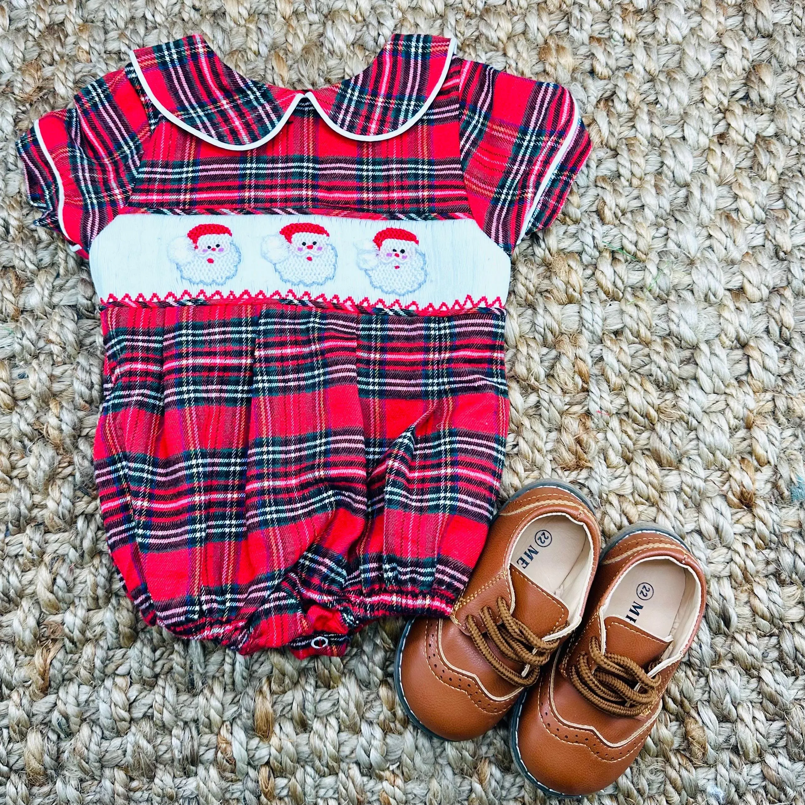 Santa Smocked Christmas Boy's Bubble in Tartan Plaid