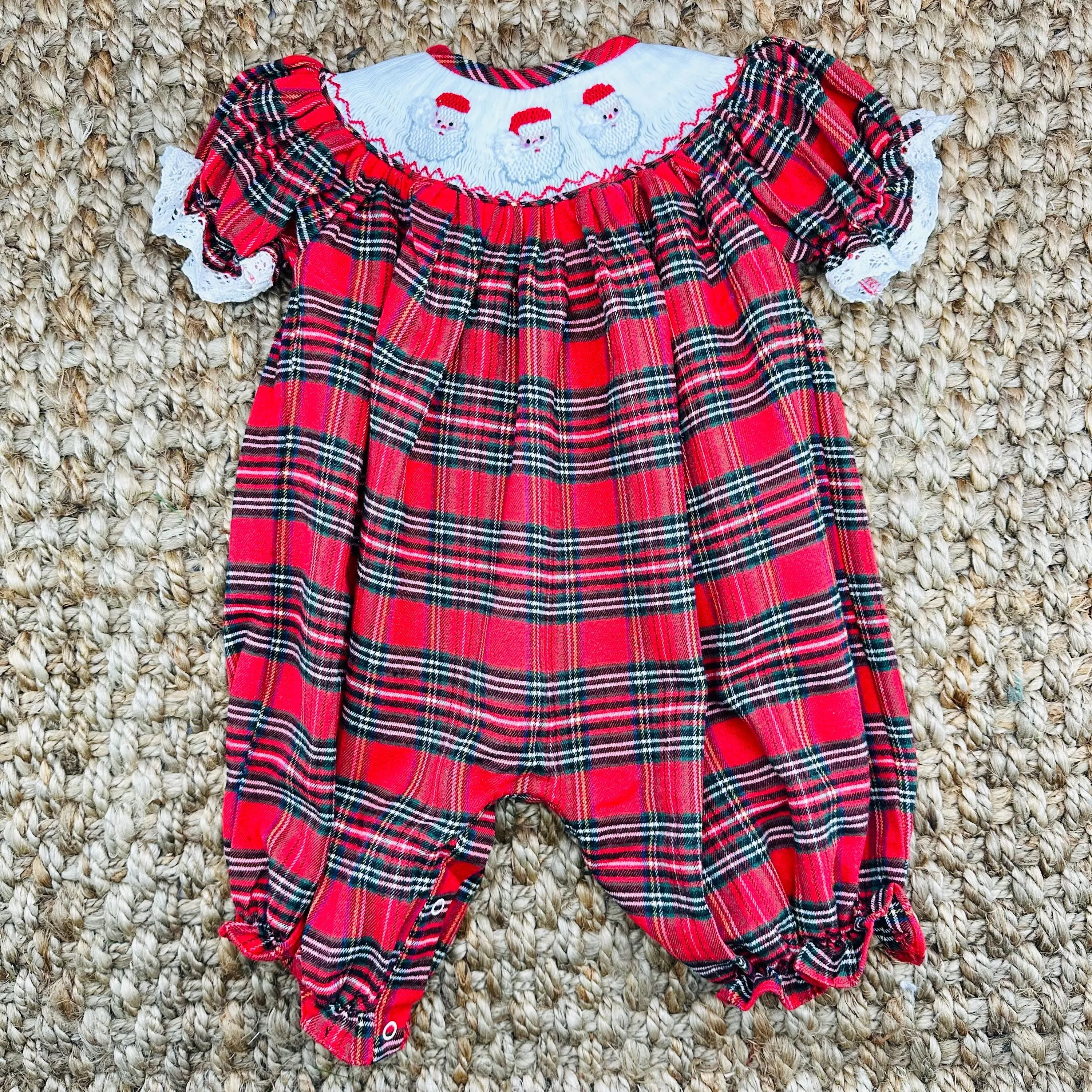 Santa Smocked Christmas Bubble in Tartan Plaid