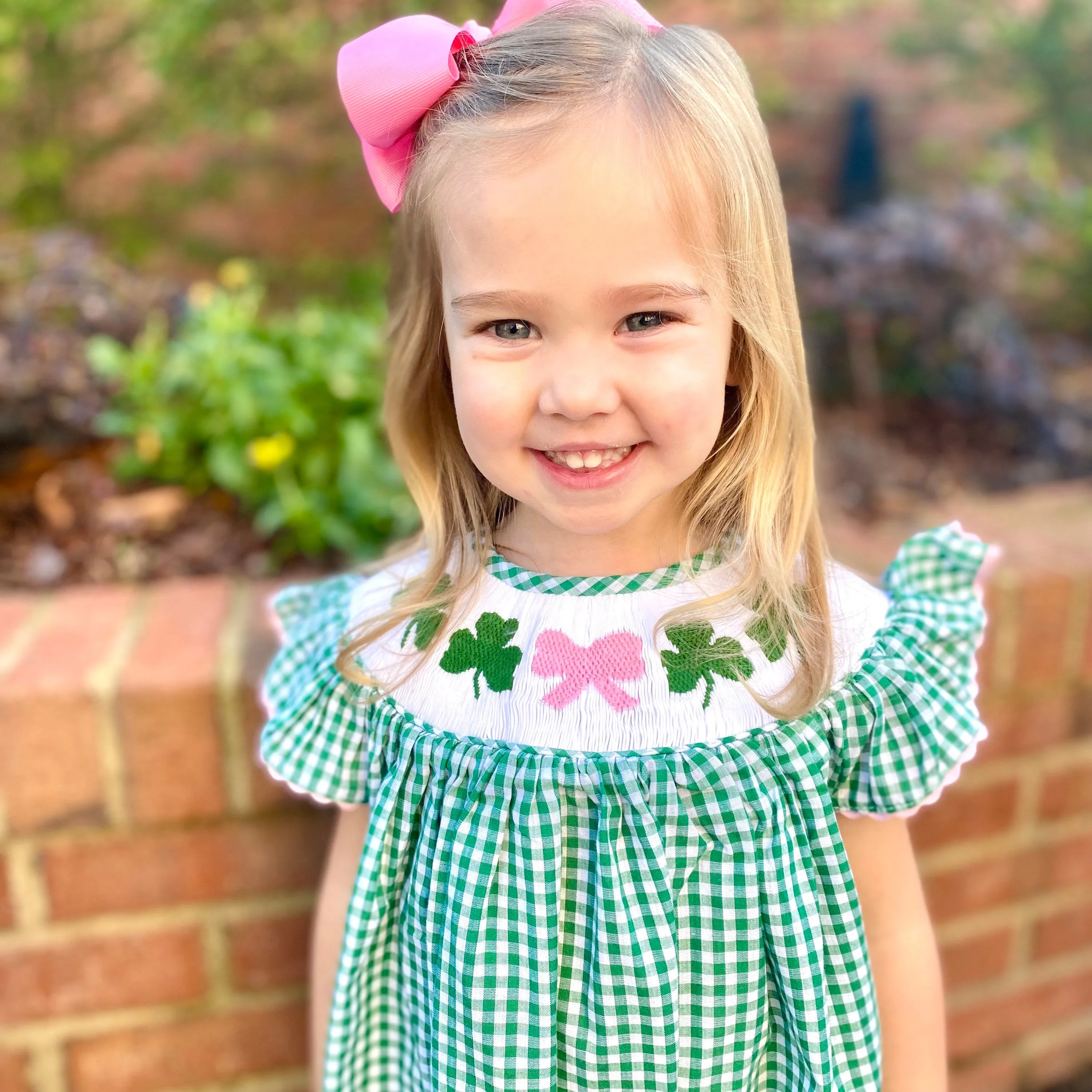 Shamrock Smocked Romper in Gingham - St. Patrick's Day