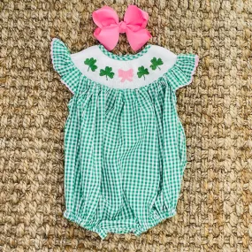 Shamrock Smocked Romper in Gingham - St. Patrick's Day