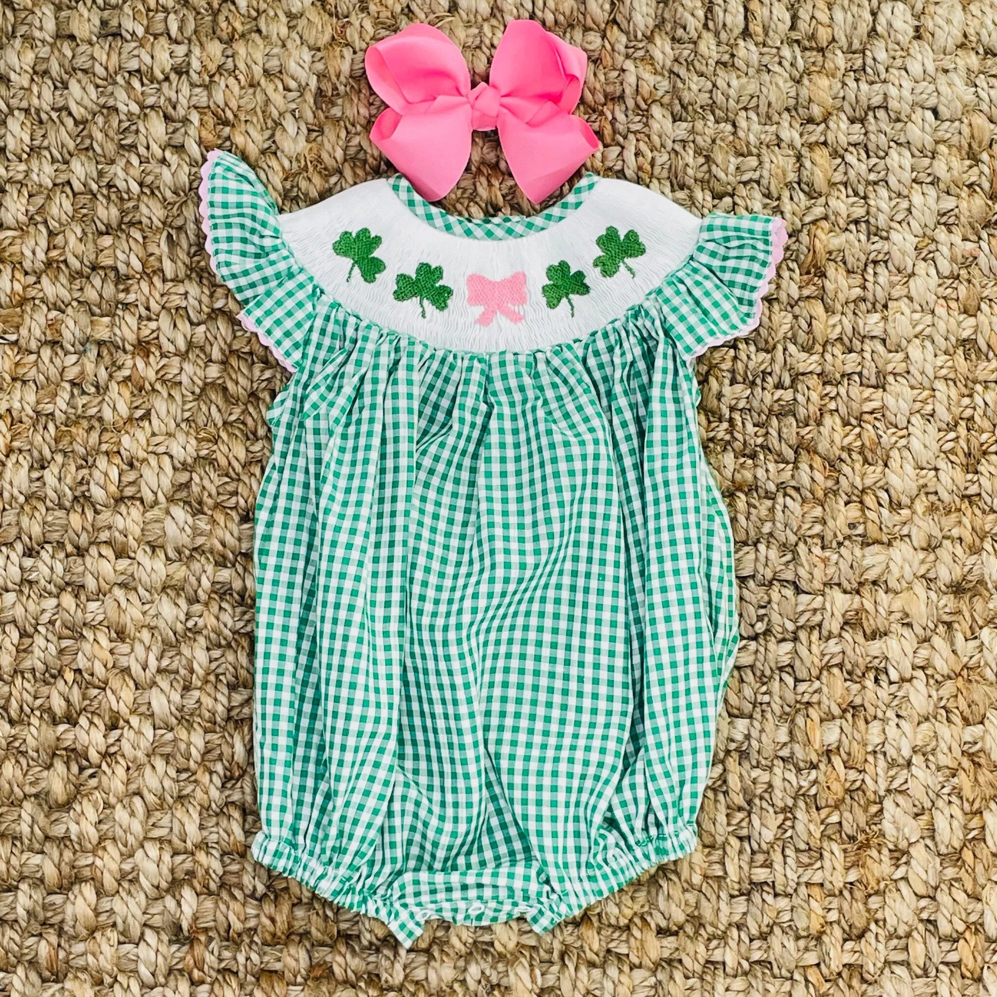 Shamrock Smocked Romper in Gingham - St. Patrick's Day