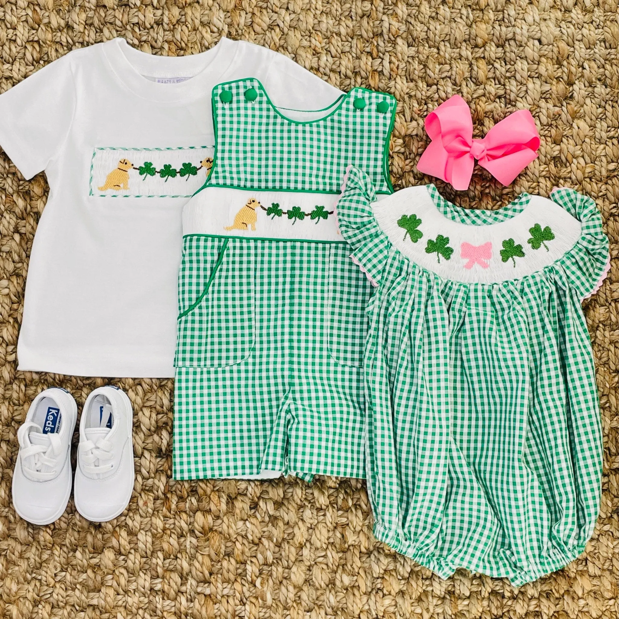 Shamrock Smocked Romper in Gingham - St. Patrick's Day