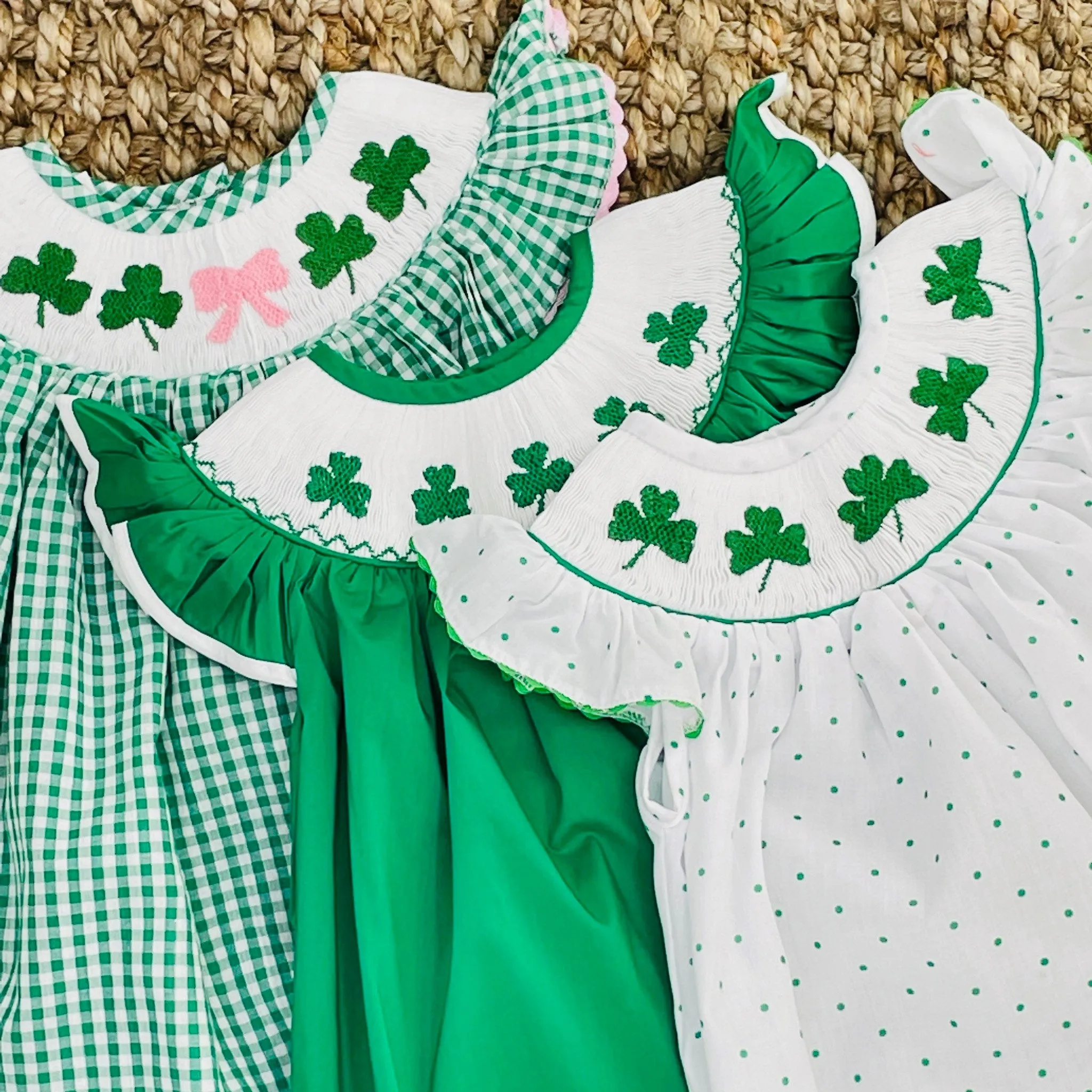 Shamrock Smocked Romper in Gingham - St. Patrick's Day