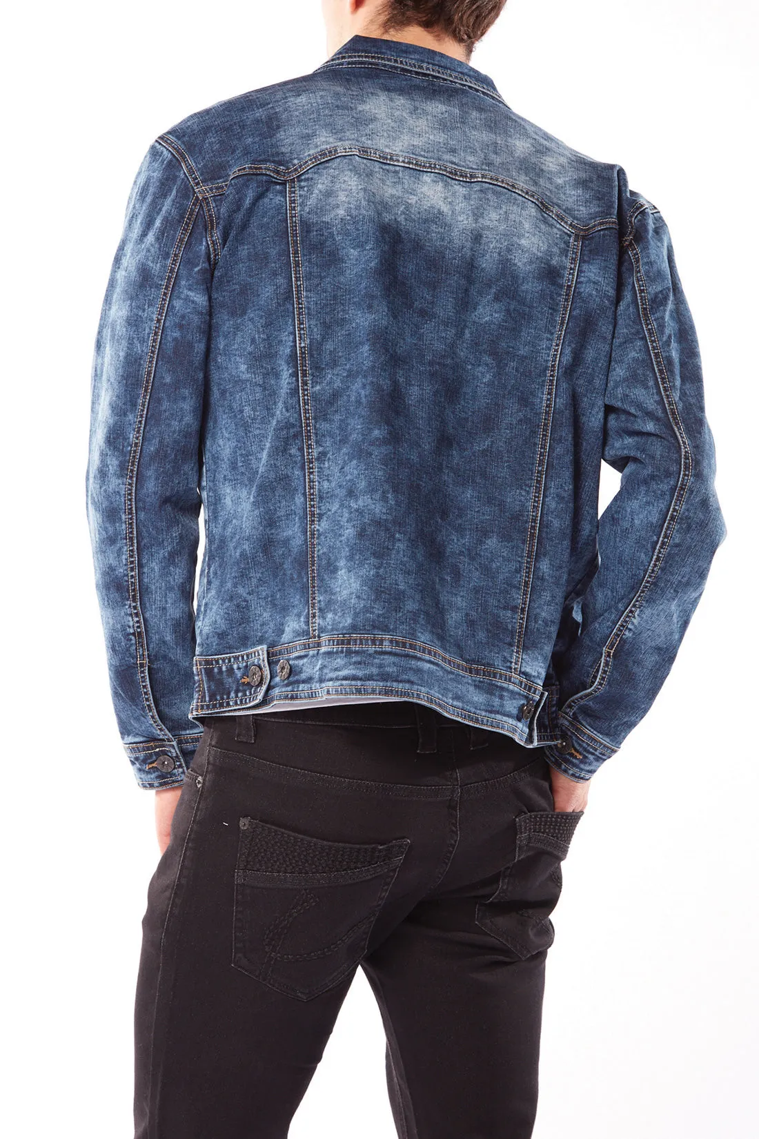 Slim Fit Classic Trucker Jean Jacket - Dark Blue Acid Wash