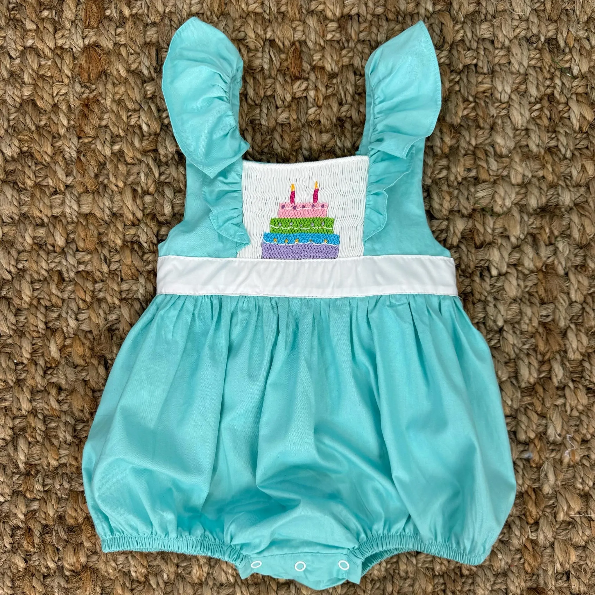 Smocked Birthday Bubble Romper in Mint! 1,2,3,4,5 candles depending on size