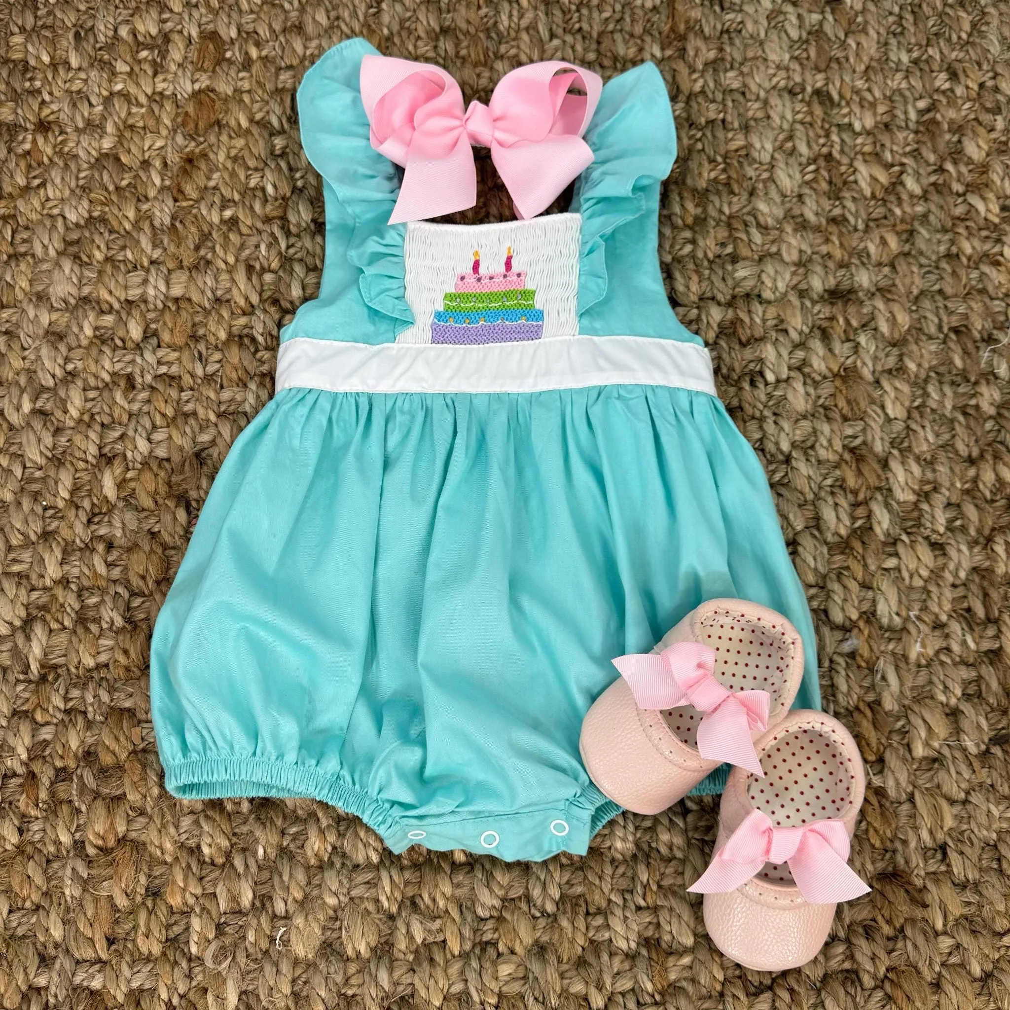 Smocked Birthday Bubble Romper in Mint! 1,2,3,4,5 candles depending on size