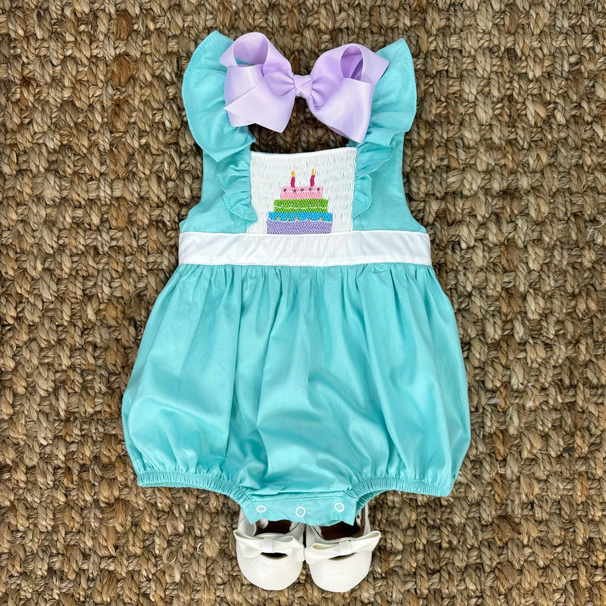 Smocked Birthday Bubble Romper in Mint! 1,2,3,4,5 candles depending on size