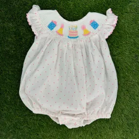 Smocked Birthday Bubble Romper in Polka Dots & Flutter Sleeves