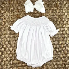 Smocked Cross Bubble Romper in White with White Crosses