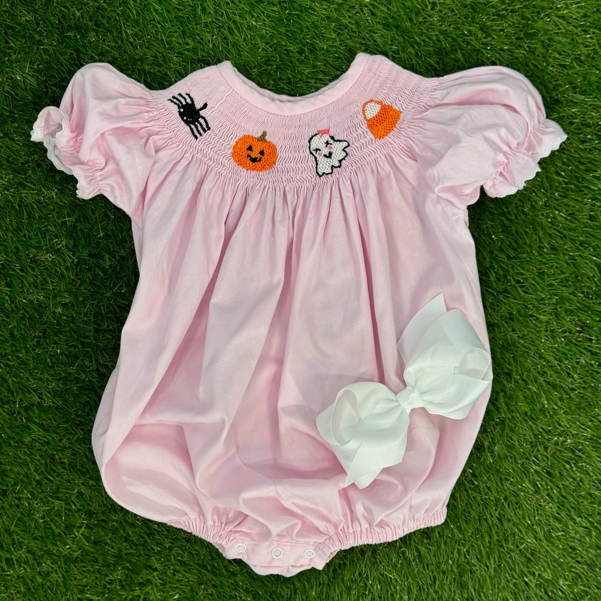 Smocked Halloween Bubble in Pink with Spider, Candy Corn, Ghost, and Pumpkin