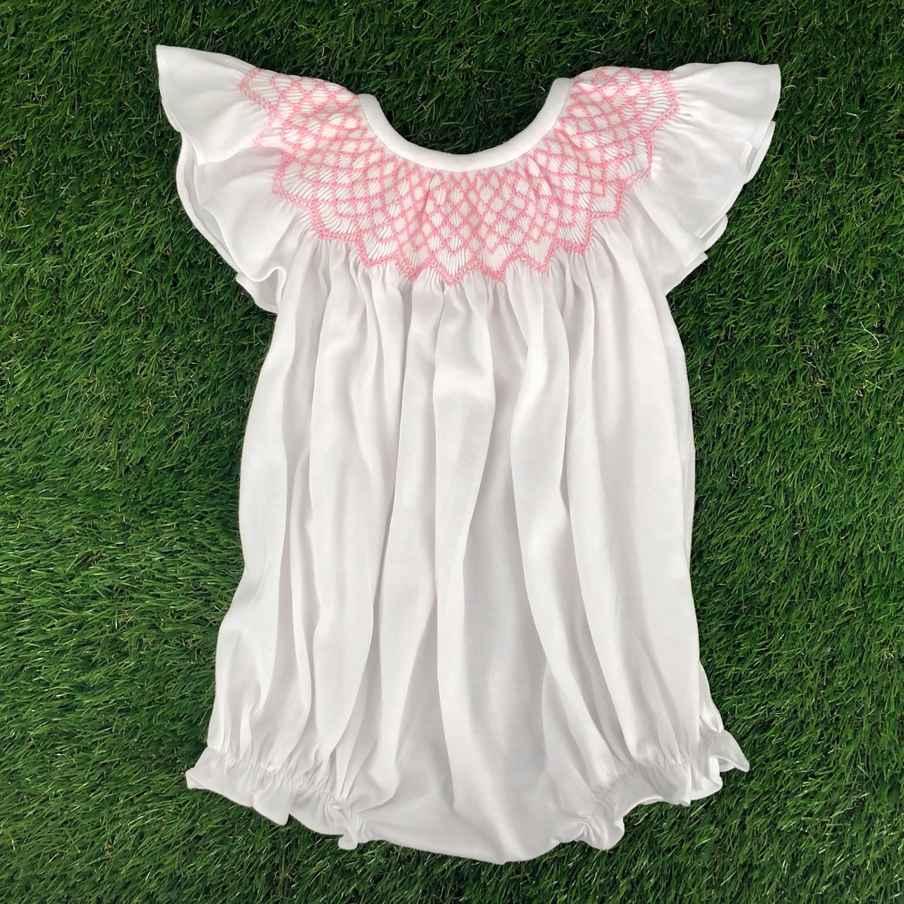 Smocked Knit Baby Romper - Pink Smocking on white