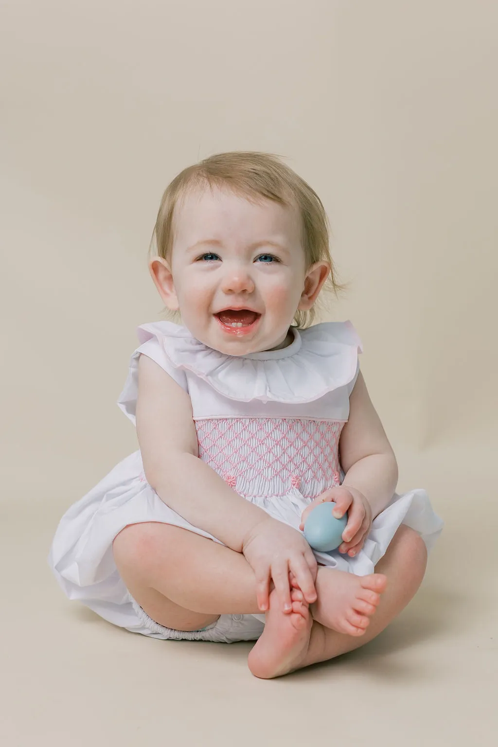 Smocked Toulouse Romper in White with Pink Ruffle Collar