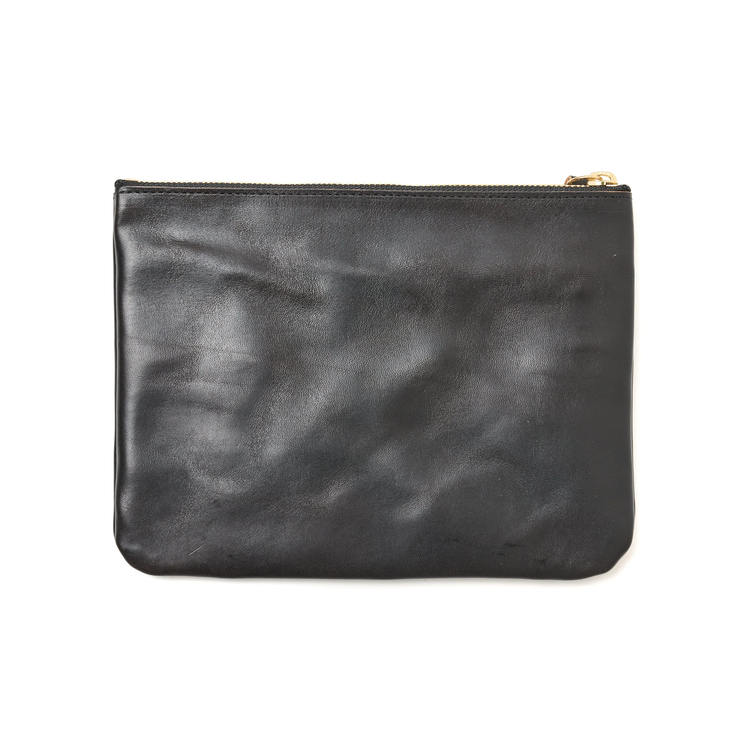 SQUARE ZIP & SNAP POUCH size M -BLACK LEATHER