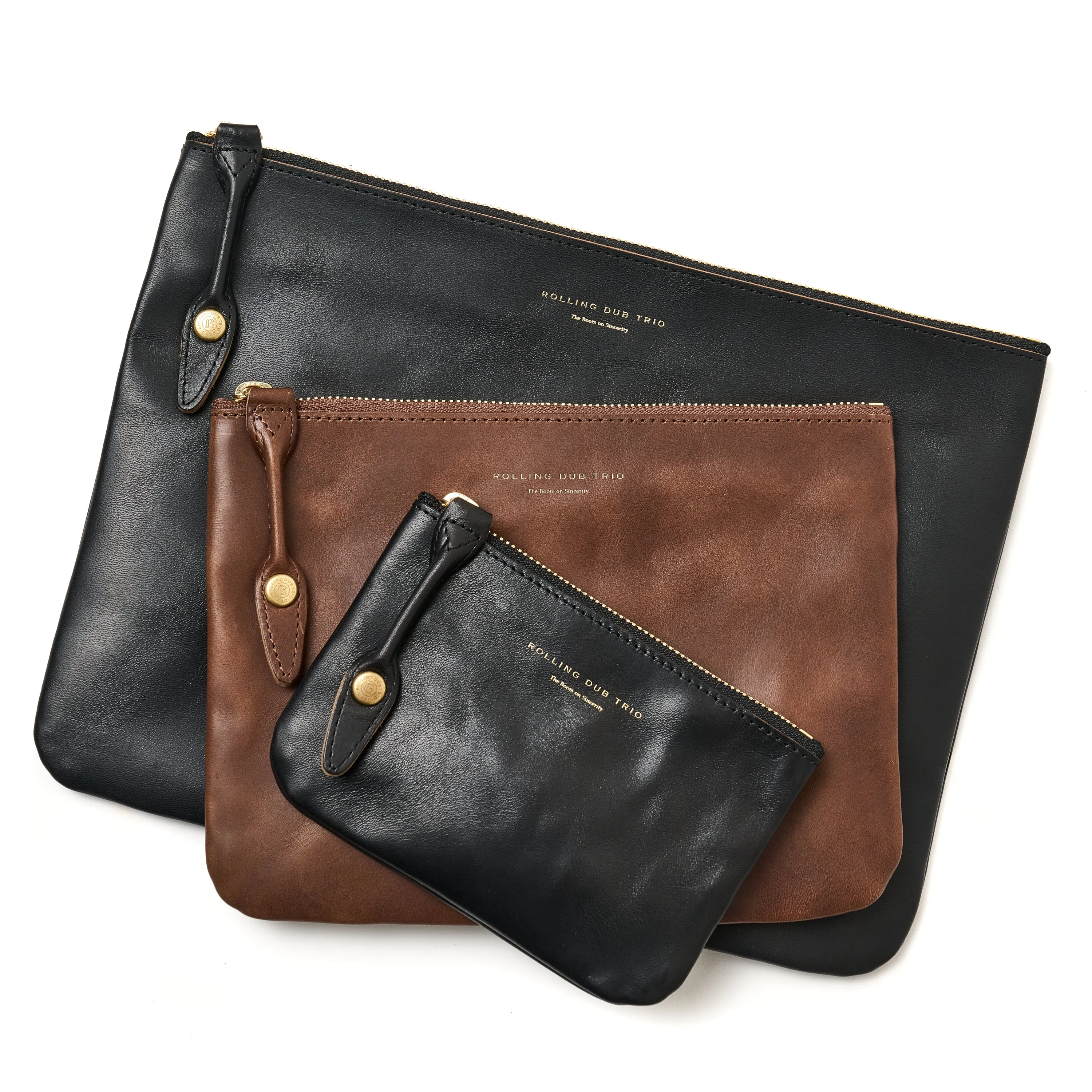 SQUARE ZIP & SNAP POUCH size M -BLACK LEATHER