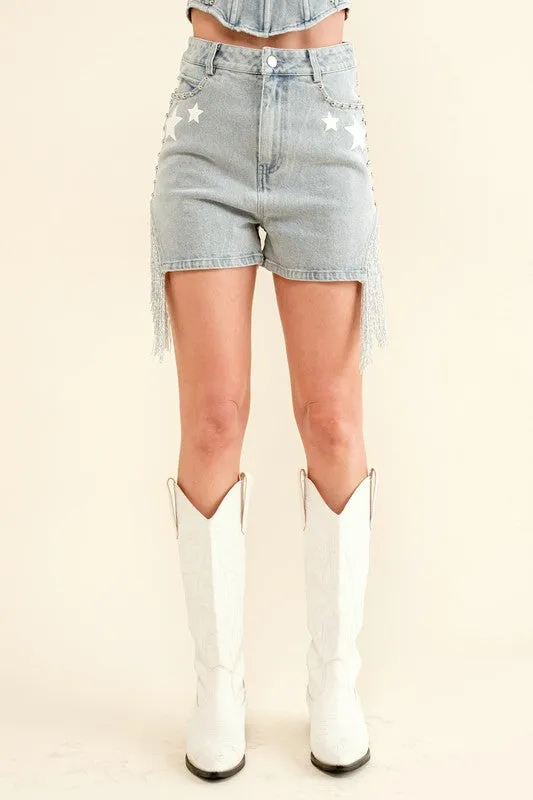 Star Of The Show Fringe Shorts- Light Denim