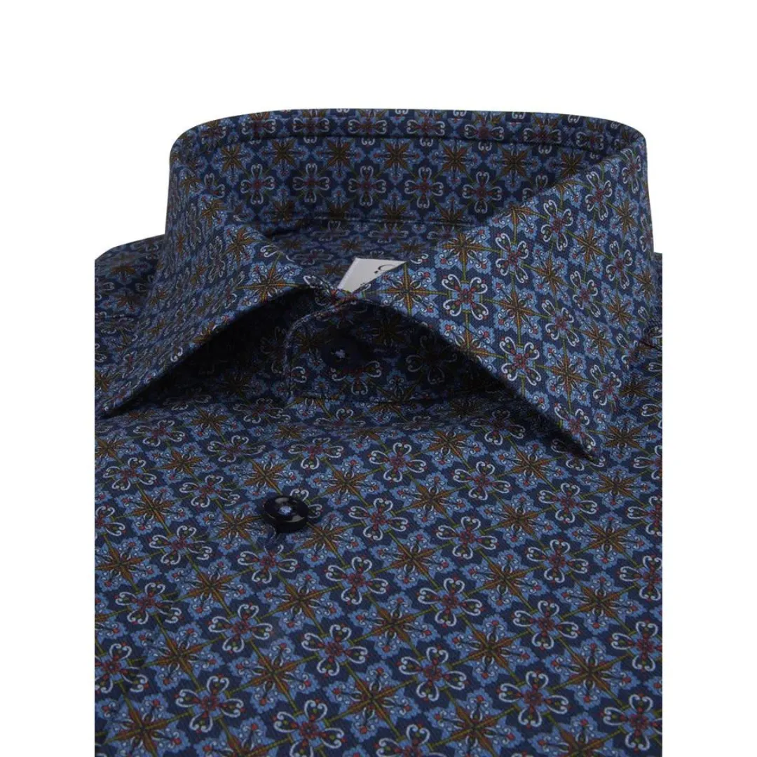 Stenstroms Navy Patterned Oxford Shirt - Fitted Body