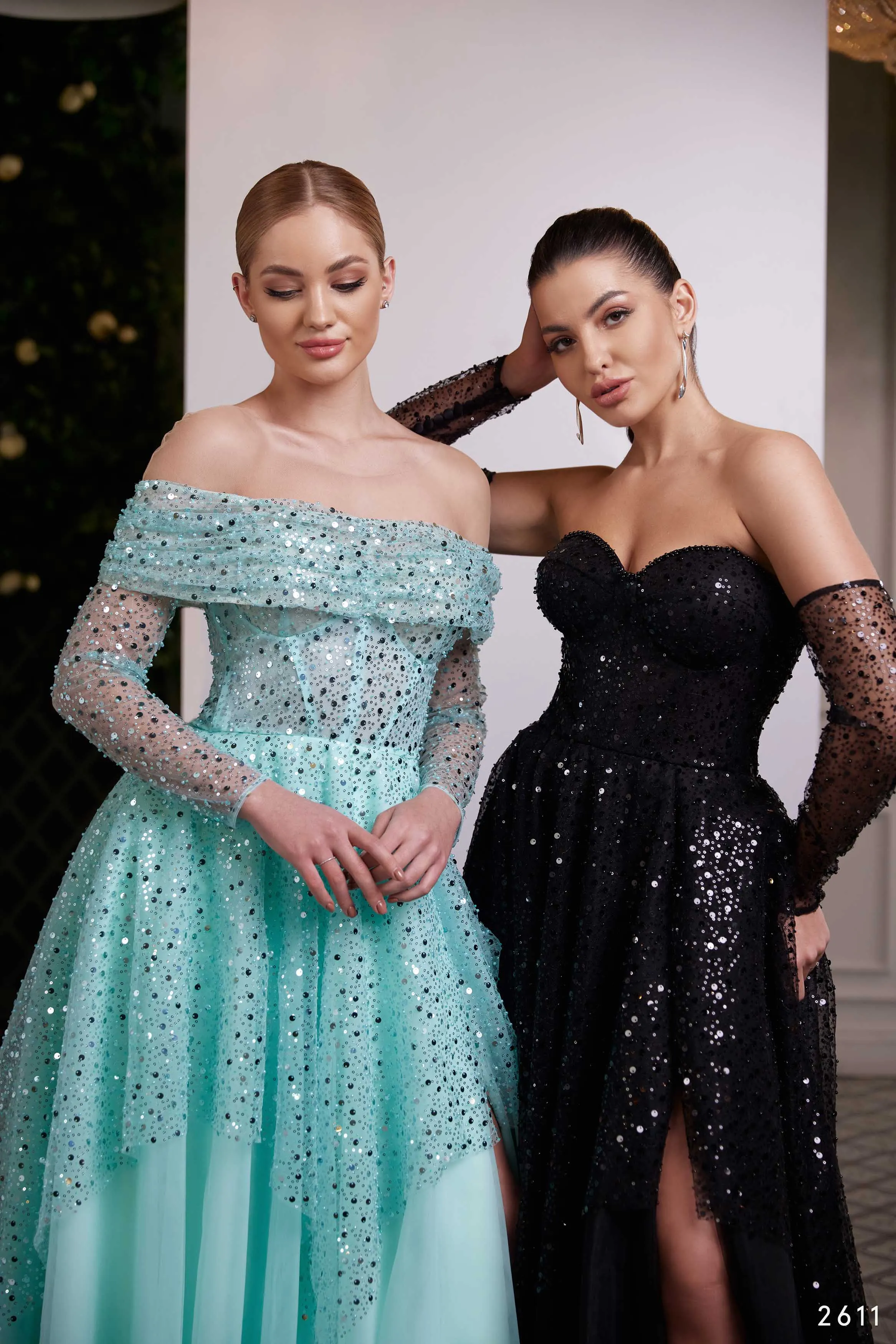 Strapless Gown with Tulle Overskirt Embellished with Sequins