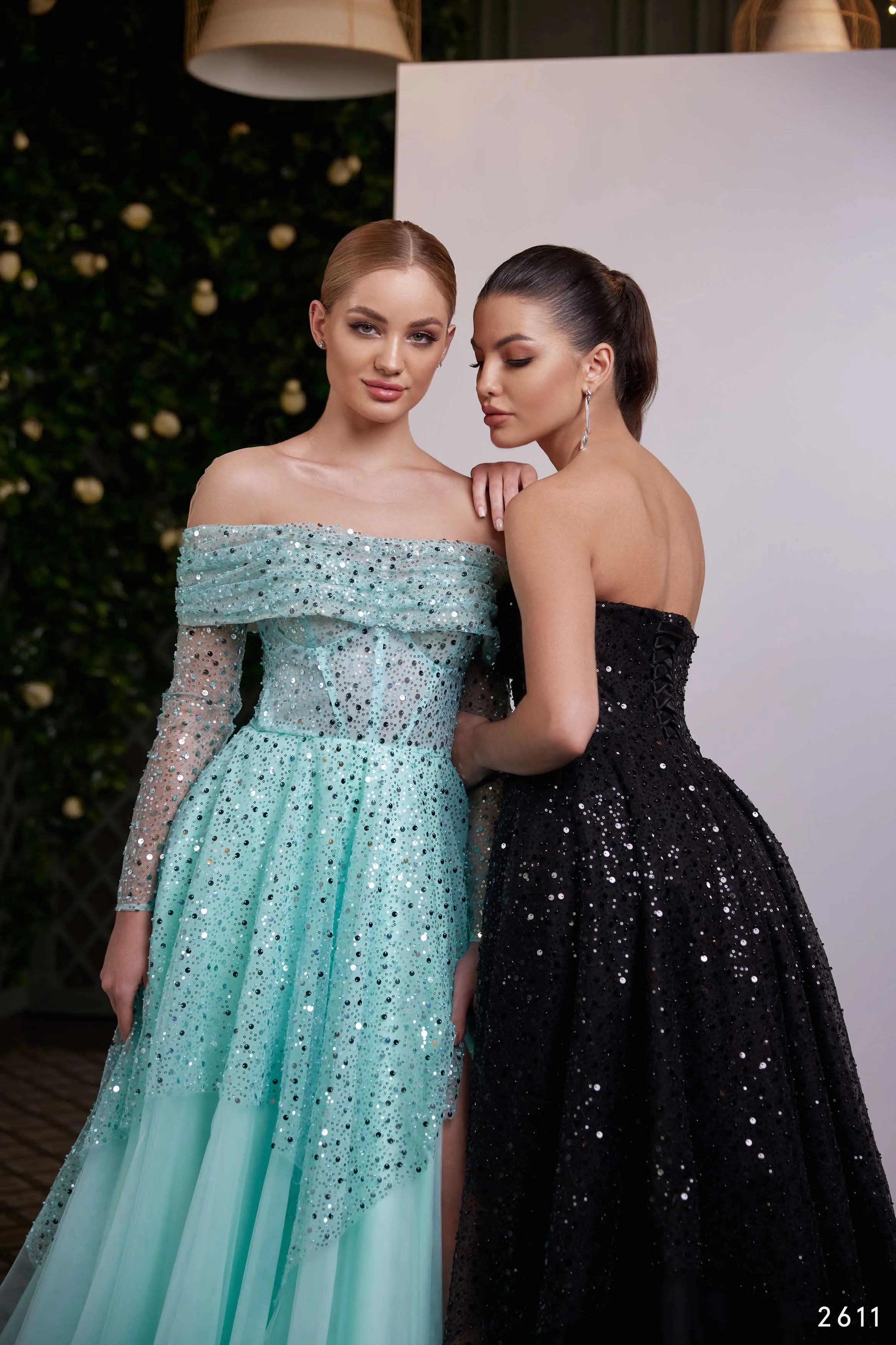 Strapless Gown with Tulle Overskirt Embellished with Sequins