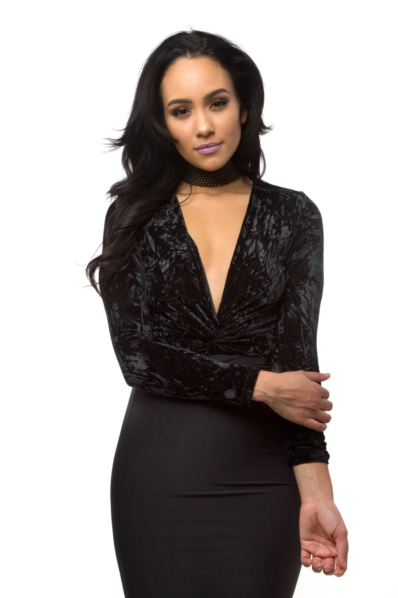 THE MYSTYLEMODE BLACK CRUSHED VELVET PLUNGING V NECK LONG SLEEVE BODYSUIT