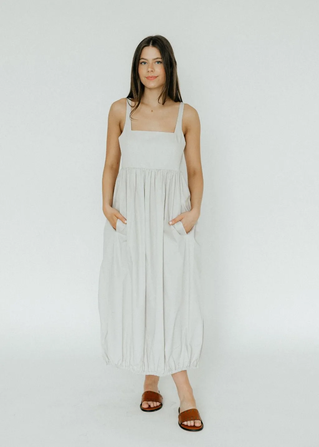 Tibi Eco Poplin Square Neck Sculpted Dress in Stone