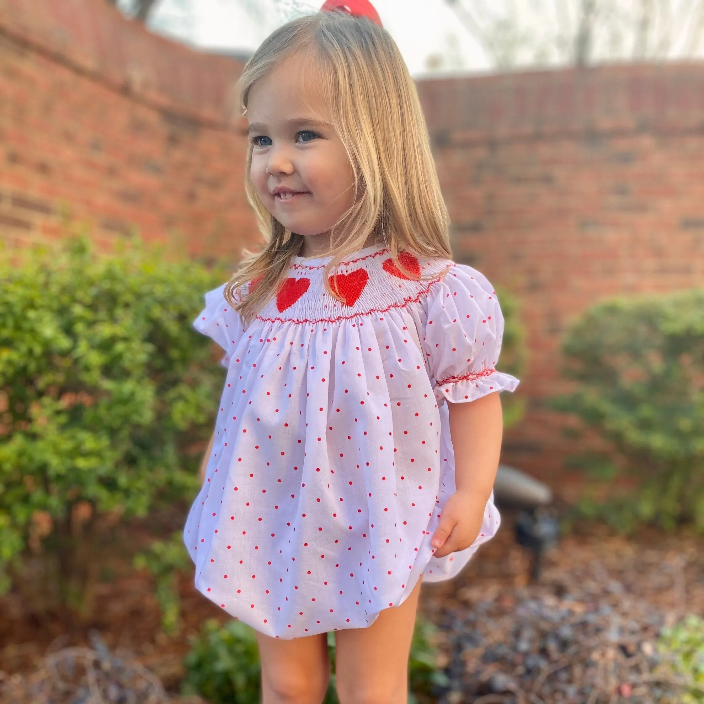 Valentine Smocked Romper - Red Hearts on Red Polka Dot