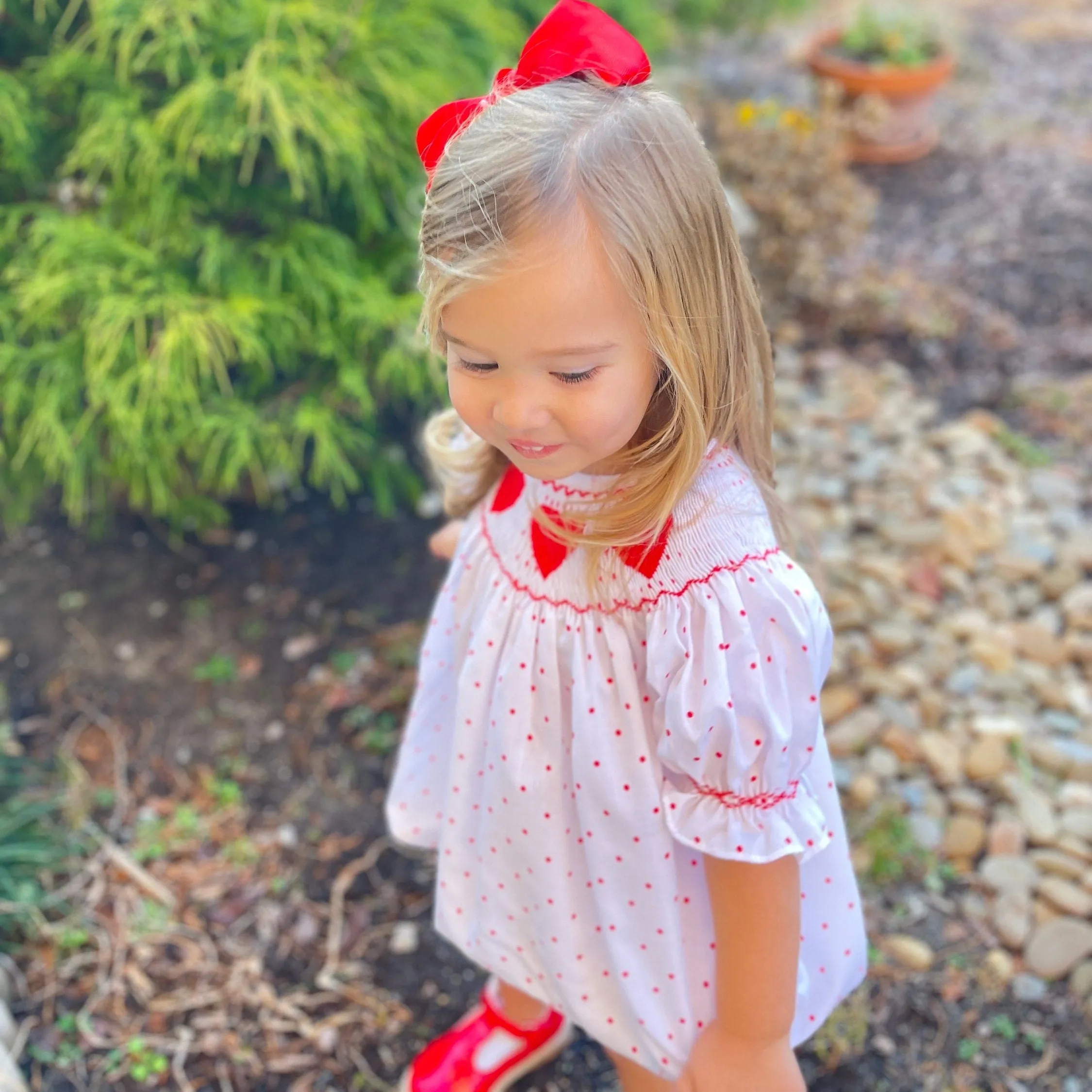 Valentine Smocked Romper - Red Hearts on Red Polka Dot