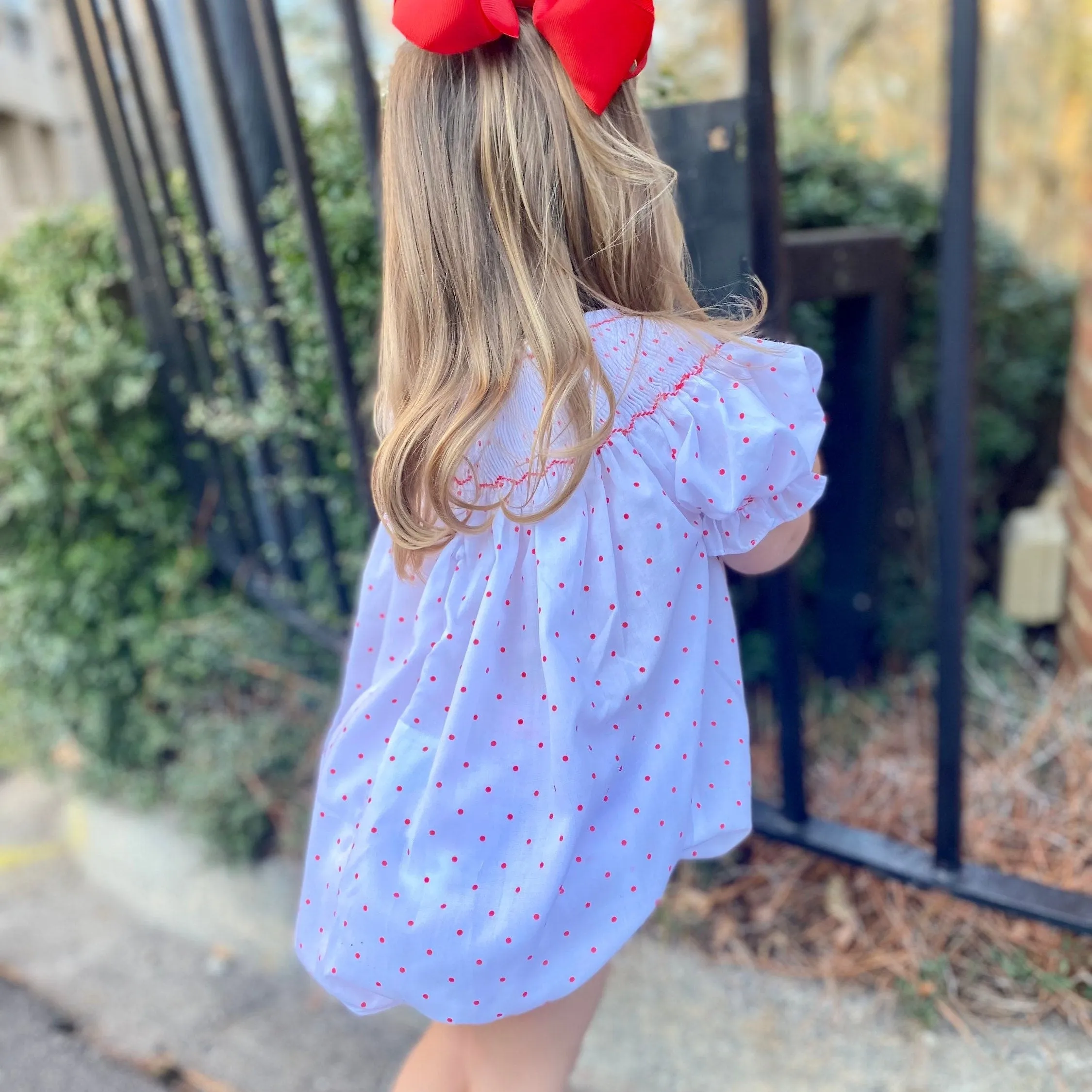 Valentine Smocked Romper - Red Hearts on Red Polka Dot