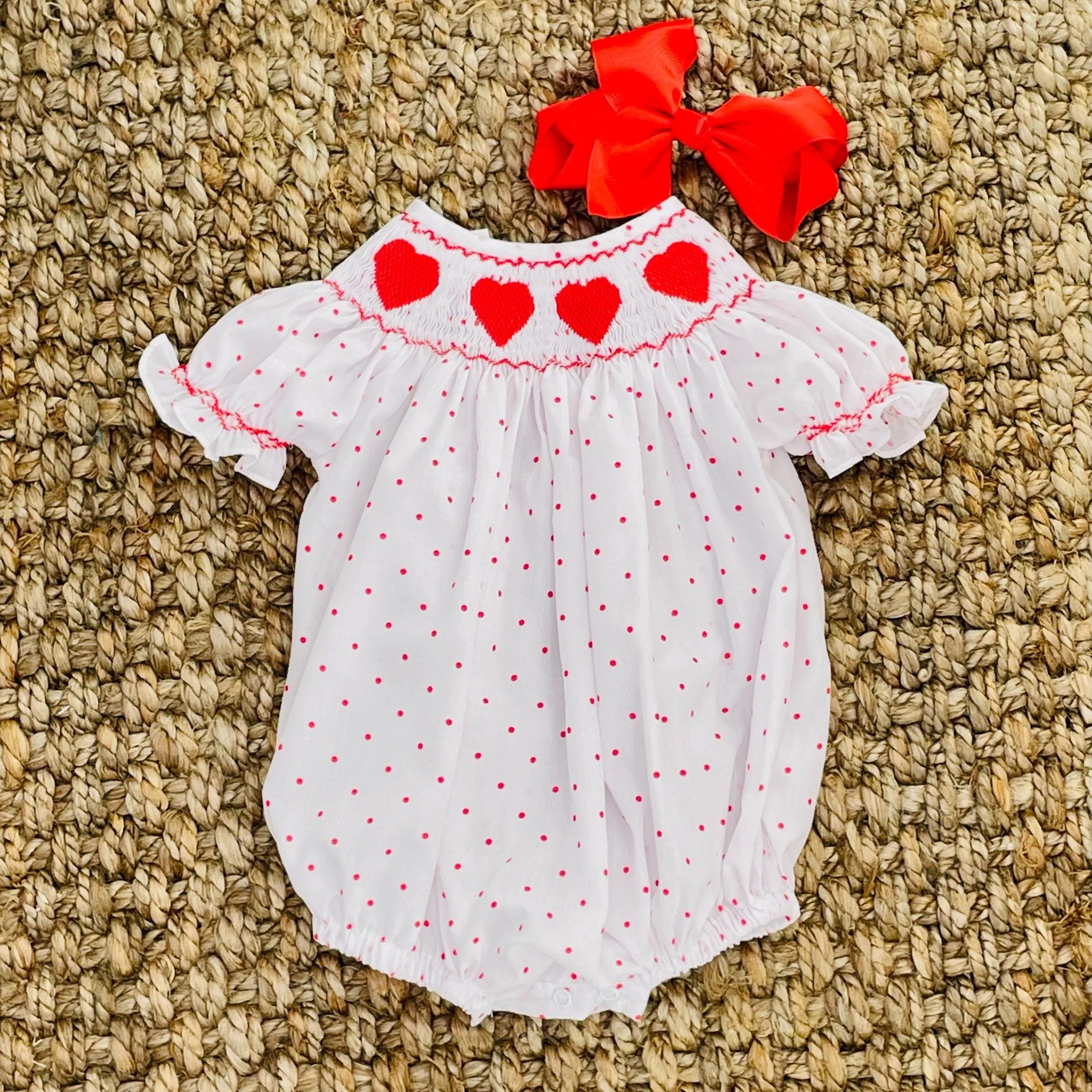 Valentine Smocked Romper - Red Hearts on Red Polka Dot