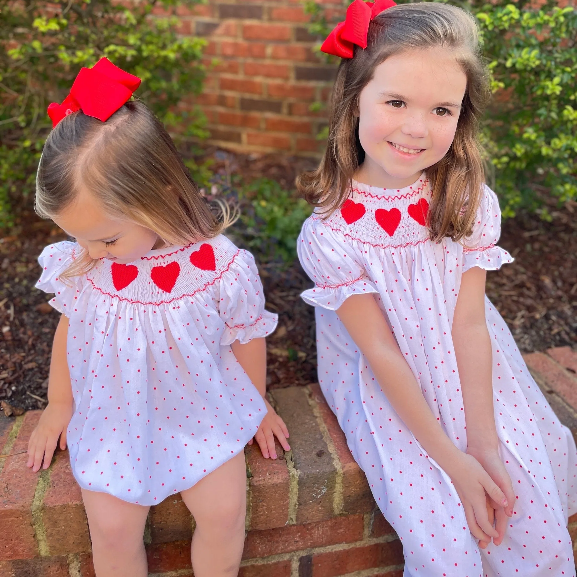 Valentine Smocked Romper - Red Hearts on Red Polka Dot