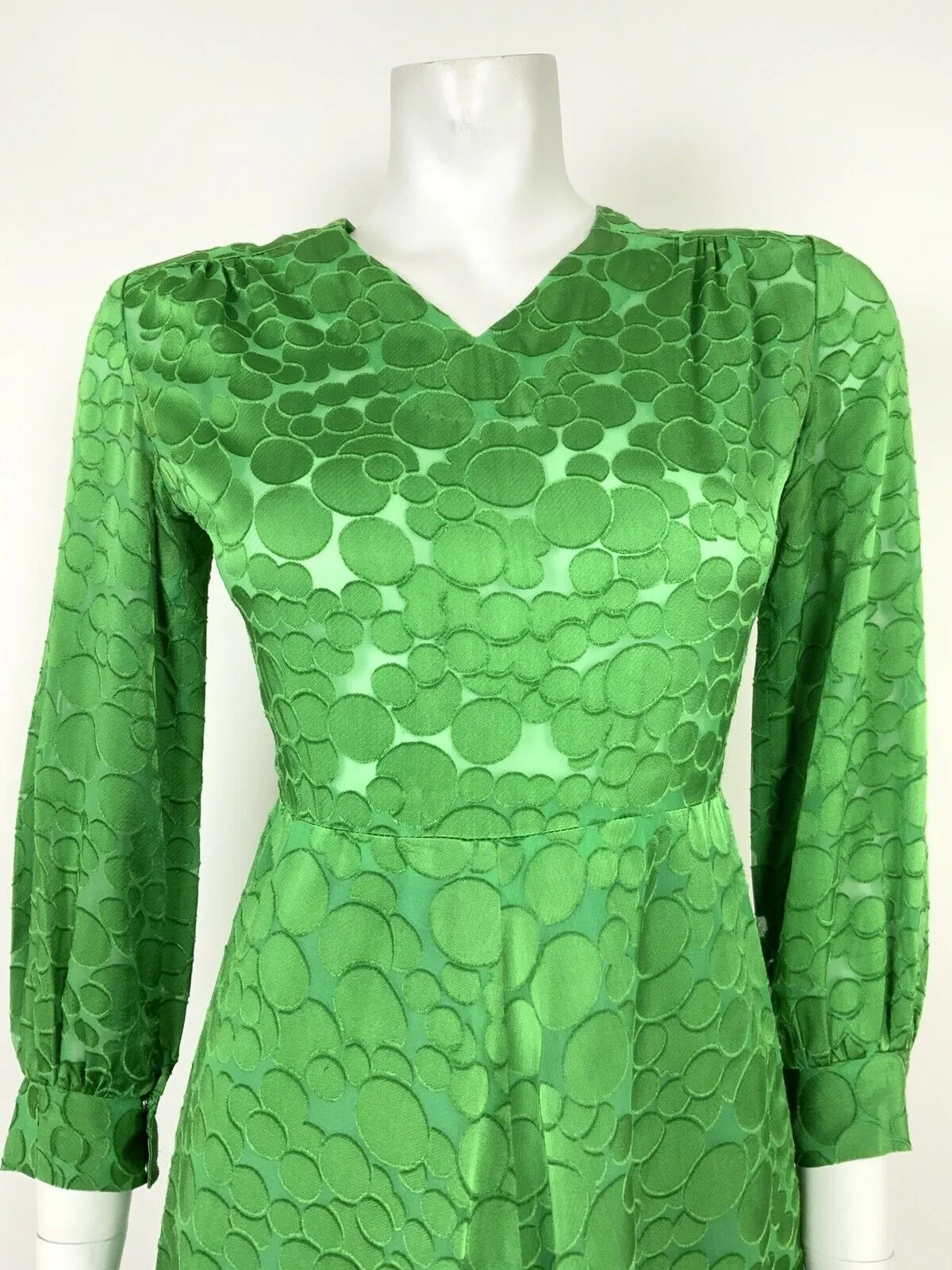 VINTAGE 60s 70s APPLE GREEN GEOMETRIC BUBBLE SHEER SWING DRESS 8 10