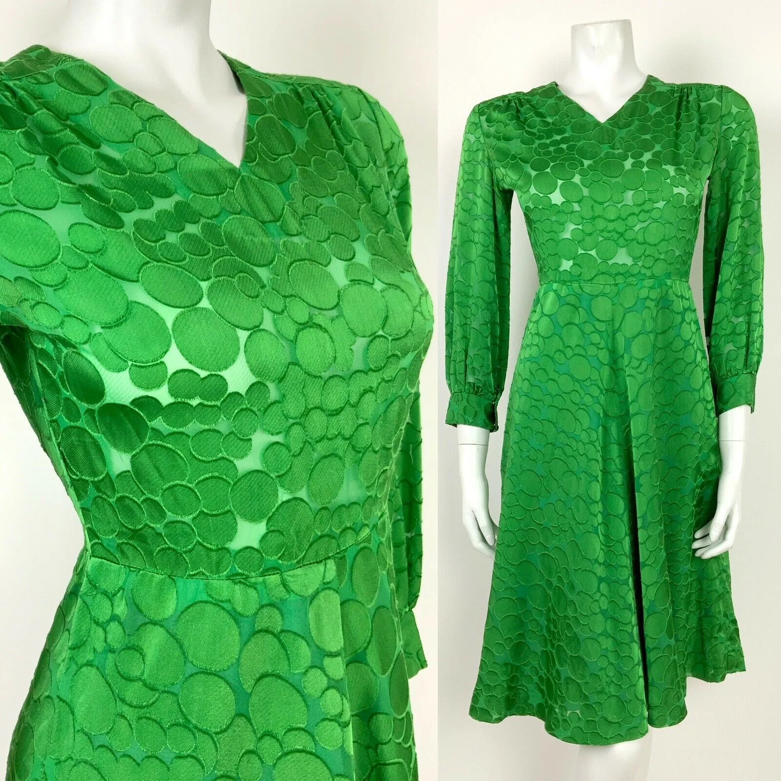 VINTAGE 60s 70s APPLE GREEN GEOMETRIC BUBBLE SHEER SWING DRESS 8 10