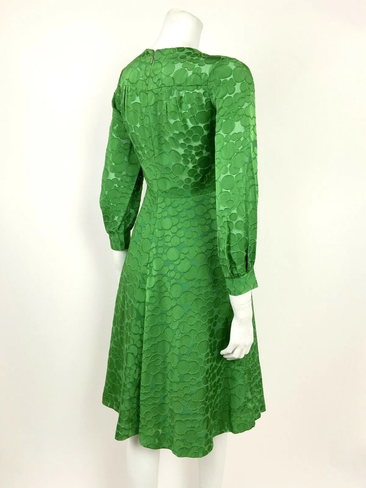 VINTAGE 60s 70s APPLE GREEN GEOMETRIC BUBBLE SHEER SWING DRESS 8 10