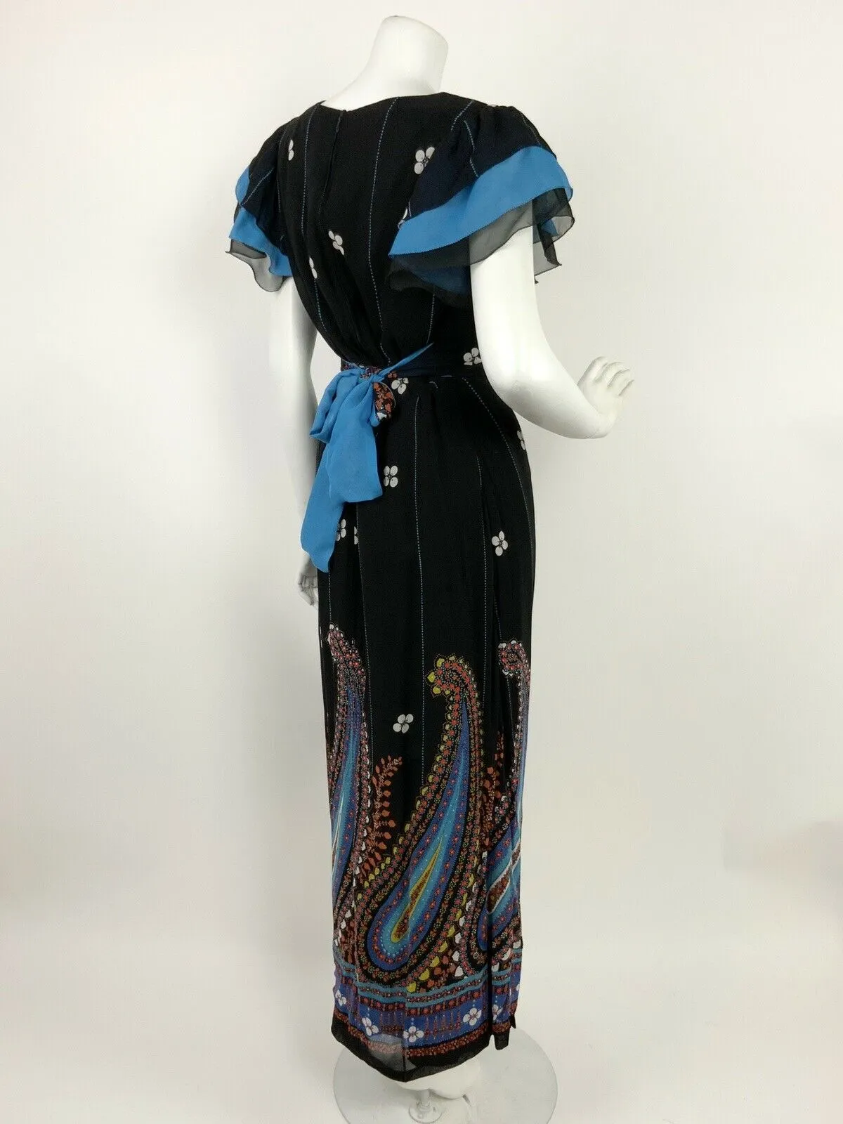 VINTAGE 60s 70s BLACK BLUE RED WHITE FLORAL PAISLEY GYPSY FOLK MAXI DRESS 12 14