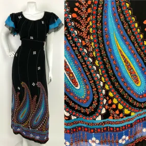 VINTAGE 60s 70s BLACK BLUE RED WHITE FLORAL PAISLEY GYPSY FOLK MAXI DRESS 12 14