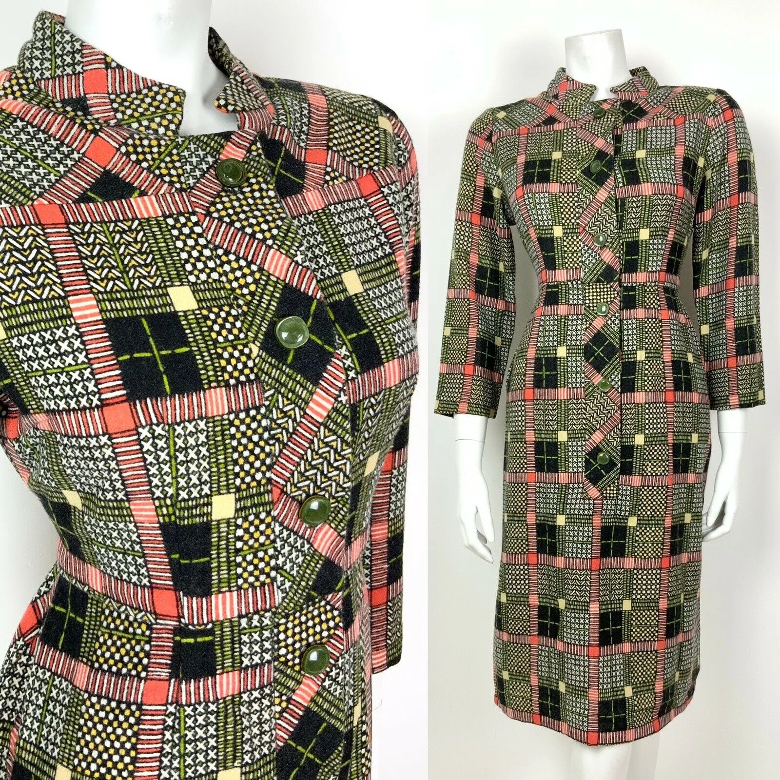 VINTAGE 60s 70s BLACK WHITE RED GREEN GEOMETRIC CHECKED MANDARIN DRESS 12 14