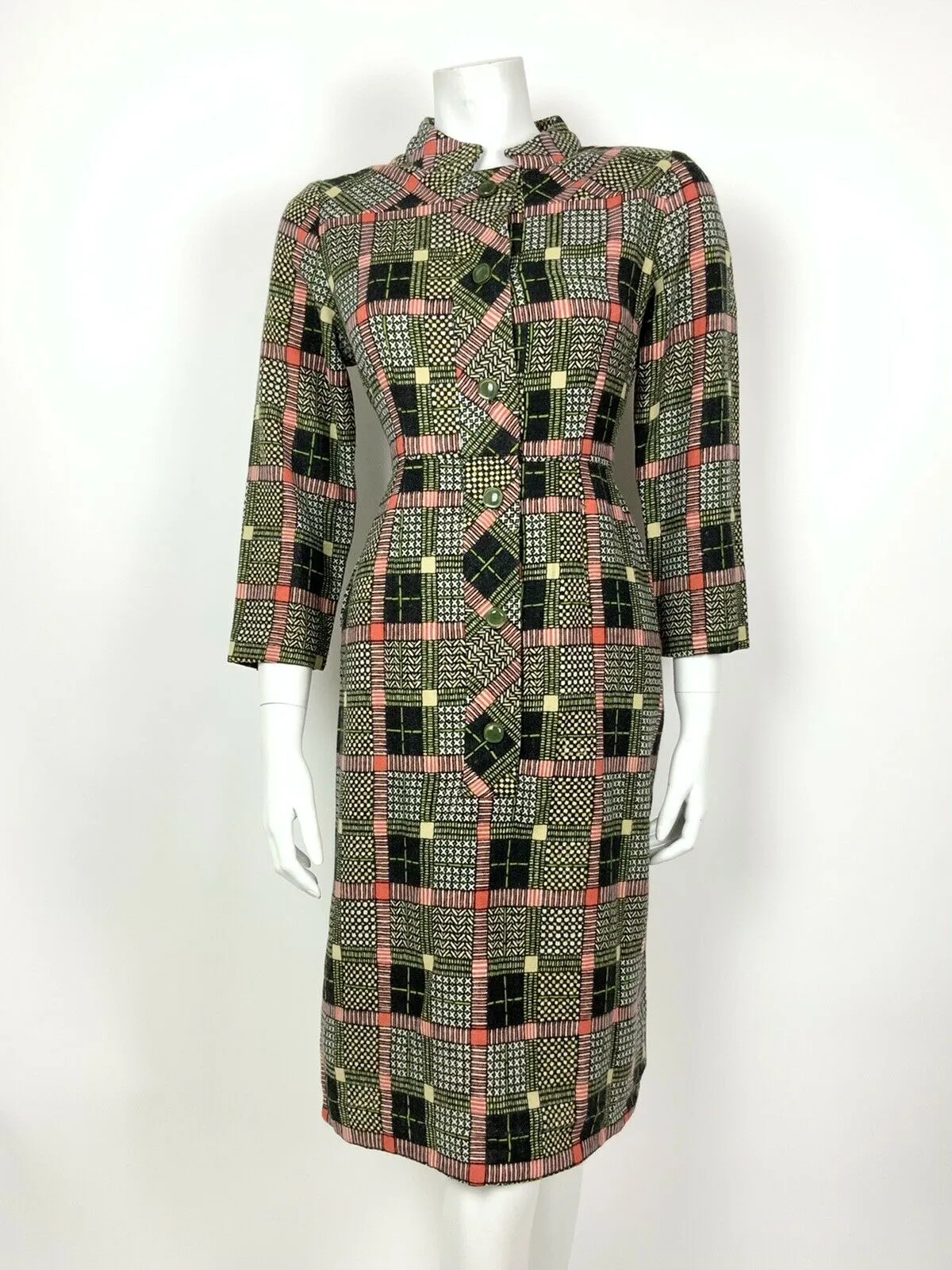 VINTAGE 60s 70s BLACK WHITE RED GREEN GEOMETRIC CHECKED MANDARIN DRESS 12 14