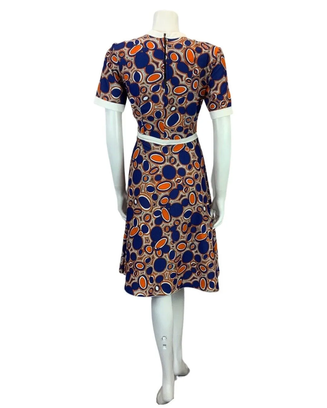 VINTAGE 60s 70s BLUE ORANGE WHITE BOLD PATTERNED MOD DRESS 10