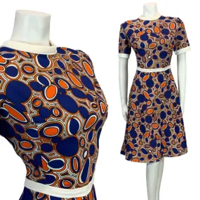 VINTAGE 60s 70s BLUE ORANGE WHITE BOLD PATTERNED MOD DRESS 10