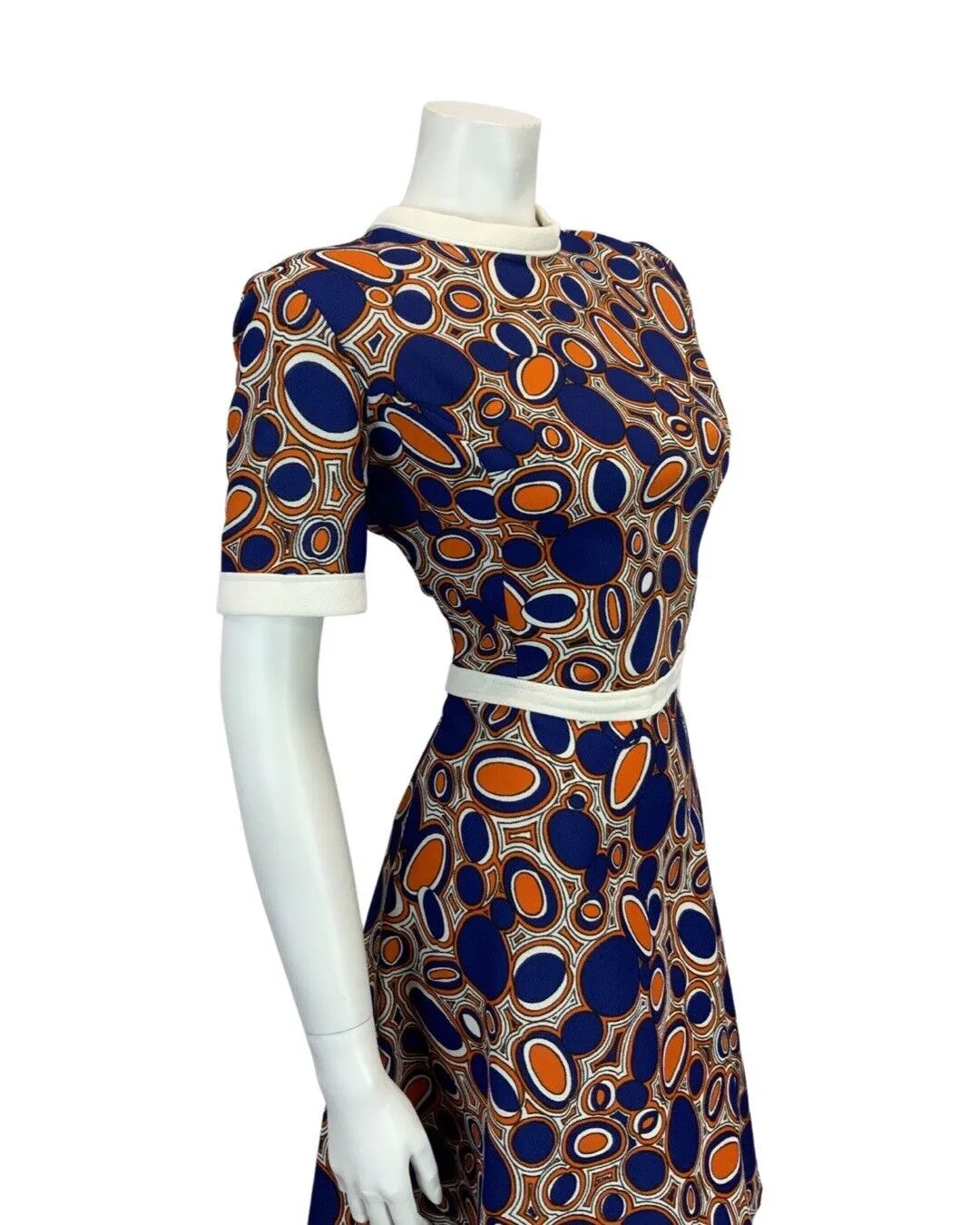 VINTAGE 60s 70s BLUE ORANGE WHITE BOLD PATTERNED MOD DRESS 10