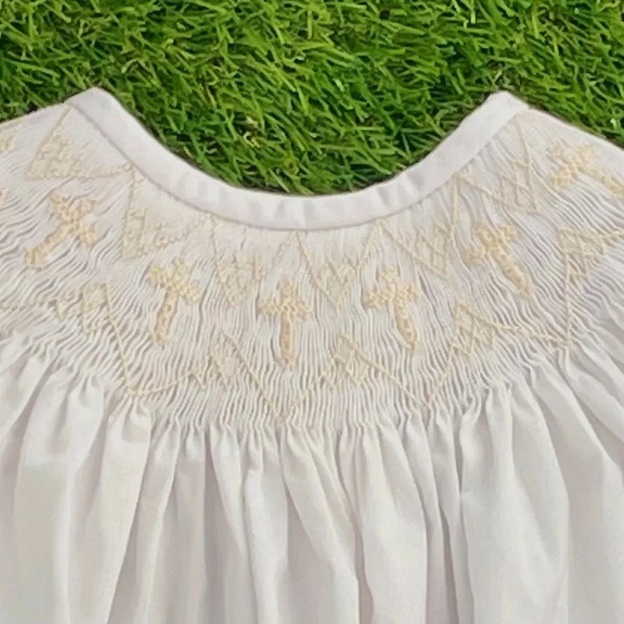 White Smocked Romper with Cream Crosses