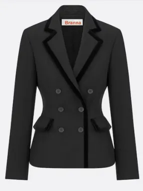 Women’s Black Double-Breasted Velvet-Trim Blazer