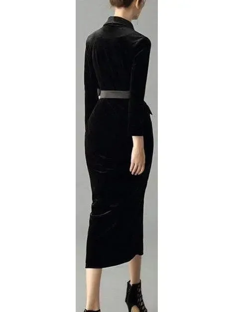 Women’s Double-Breasted Belted Velvet Midi Dress, Black