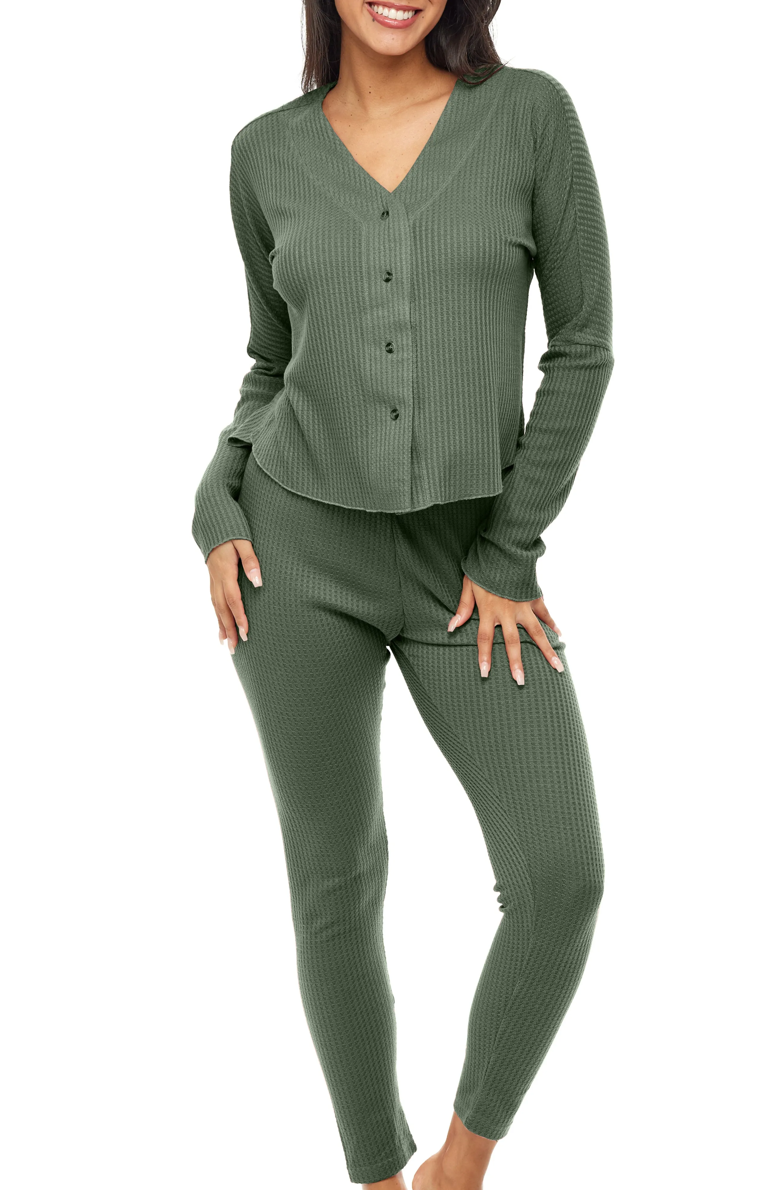 Women's Knit Pajamas Set, Button Down Drop Shoulder Top and Leggings PJ Pants