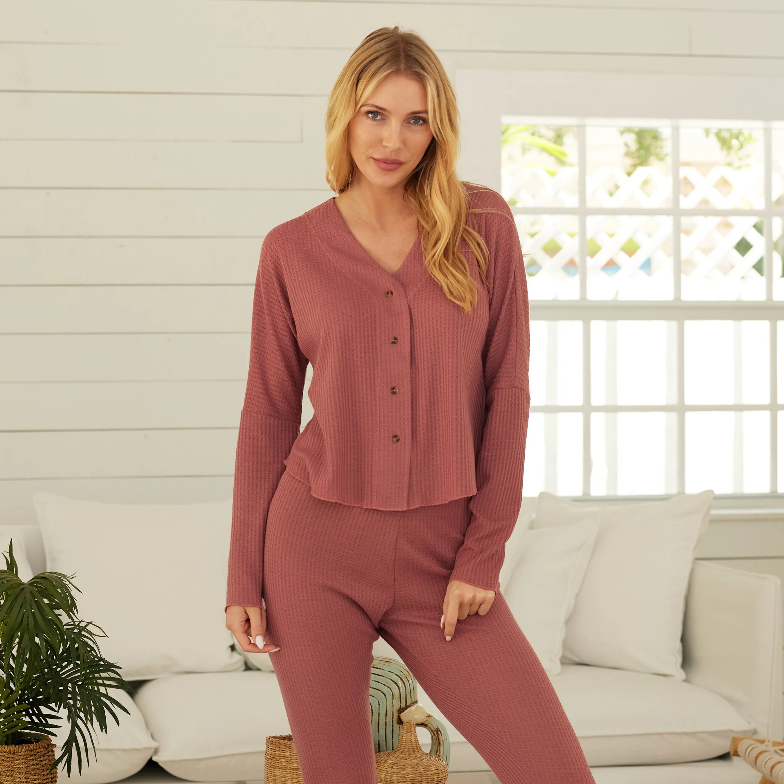 Women's Knit Pajamas Set, Button Down Drop Shoulder Top and Leggings PJ Pants