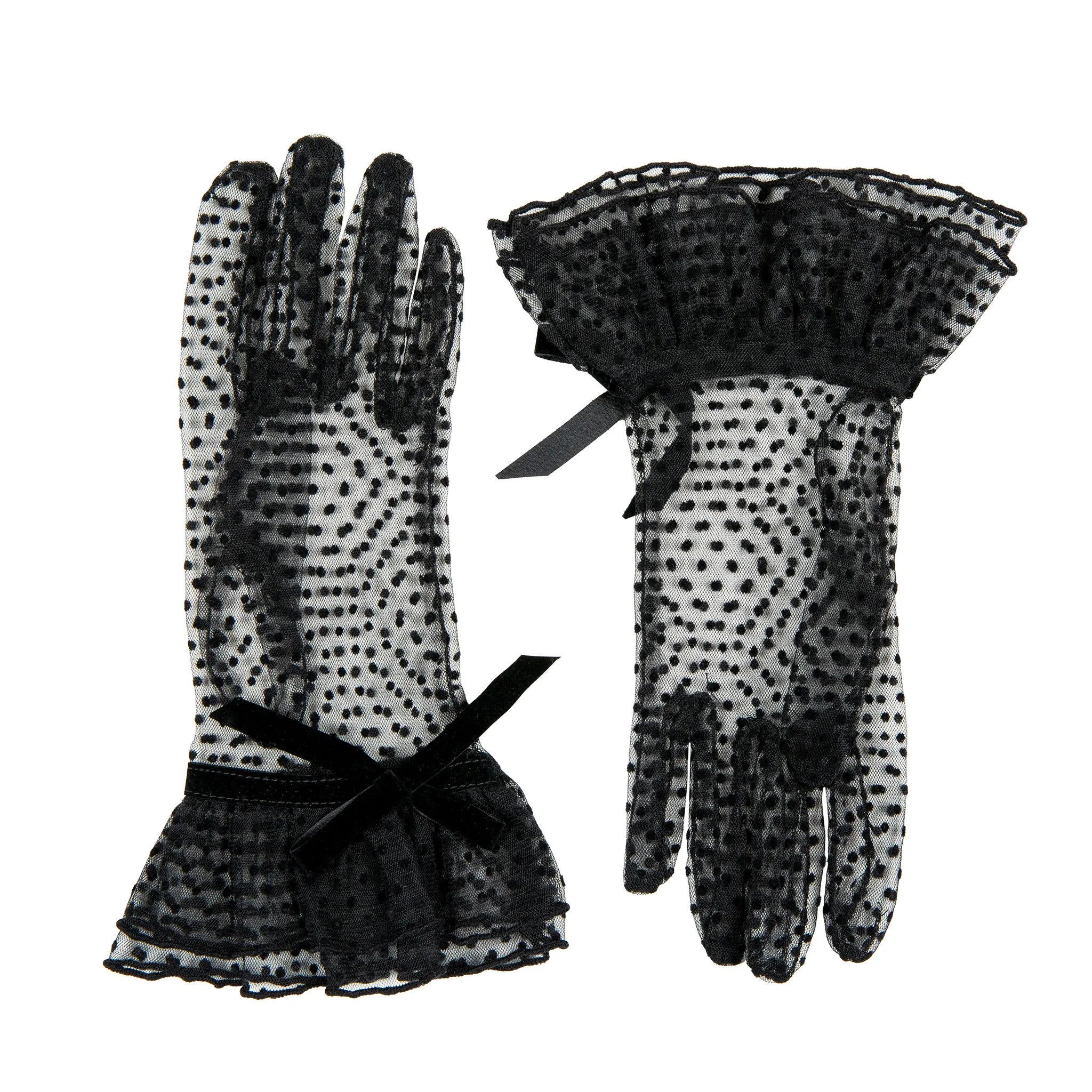 Women’s Spotty Tulle Gloves with Double Cuff and Bow