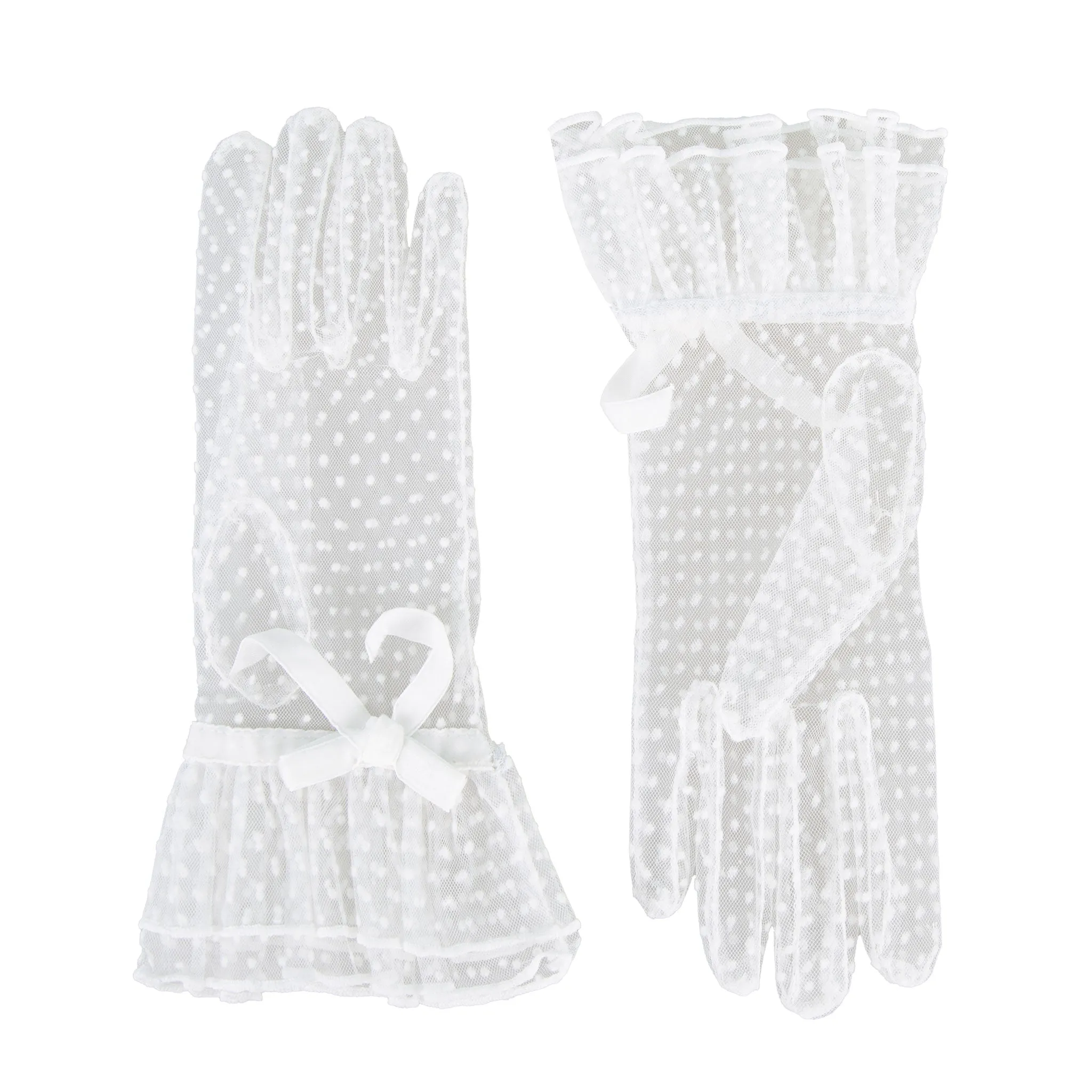 Women’s Spotty Tulle Gloves with Double Cuff and Bow